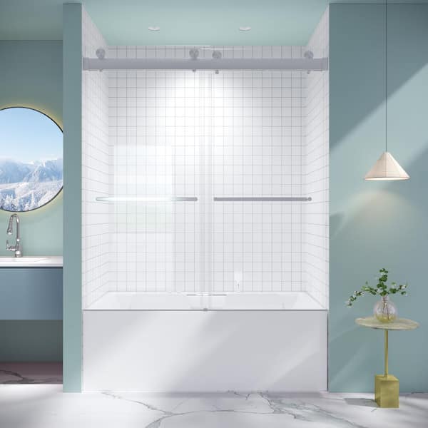 60 in. W x 58 in. H Framed Double Sliding Tub Door Bypass Tub Shower Door in Brushed Nickel with 1/4 in. Clear Glass