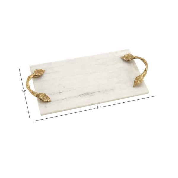 White Marble Decorative Tray with Gold Twisted Leaf Handles