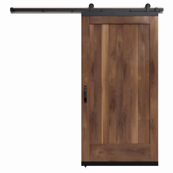 JELD-WEN 42 in. x 80 in. Karona 1 Panel Clear Stained Rustic Walnut Wood Sliding Barn Door with Hardware Kit