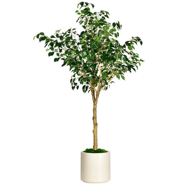 6.5 ft. Artificial Ficus Tree in White Decor Pot, Faux Green Plant Indoor Home Decorative Planter