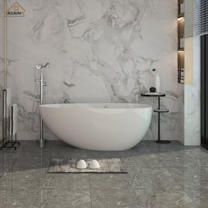 58 in. 29 in. Stone Resin Solid Surface Egg-shaped Soaking Bathtub in Glossy White with Standing Faucet in Chrome