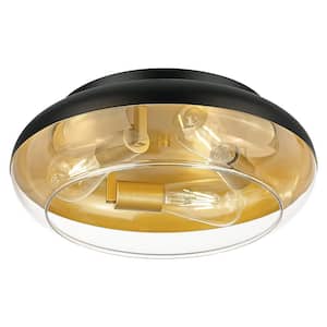 15 in, 3-Light Black and Gold Vintage Flush Mount with Clear Glass Shade and No Bulbs Included