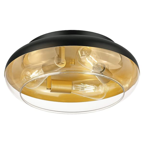 JAZAVA 15 in, 3-Light Black and Gold Vintage Flush Mount with Clear Glass Shade and No Bulbs Included