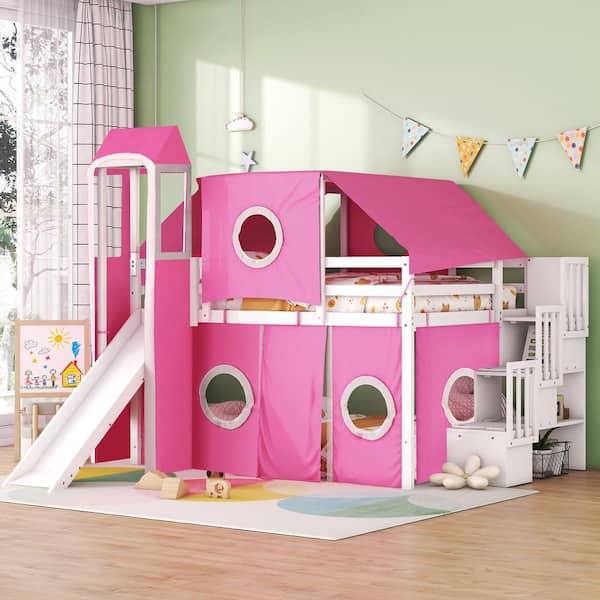 Harper & Bright Designs Pink Full Size Wood Loft Bed with Tent, Tower, Slide and Storage Staircase
