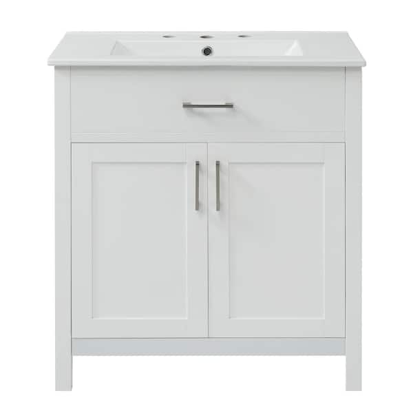 GDFSTUDIO Vyrona 29.9 in. Freestanding White Bath Vanity with White Ceramic Top, Shelves, Drawers, Wood