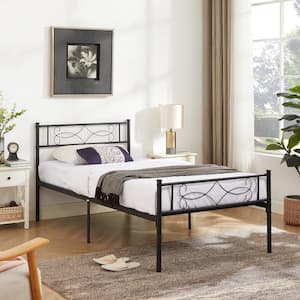 Bed Frame with Headboards, Black Heavy Duty Frame ，39 in. W Twin Metal With 6 Support Legs Platform Bed Frame