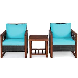 3-Piece PE Wicker Patio Conversation Set with Wooden Frame and Turquoise Cushion