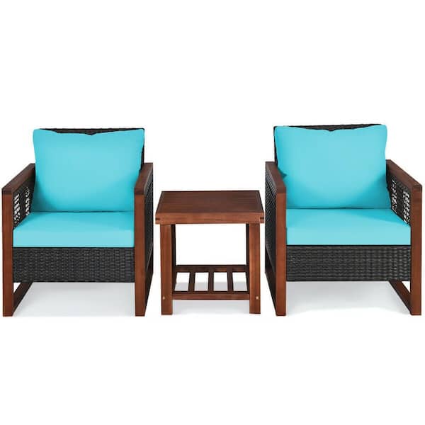 ANGELES HOME 3-Piece PE Wicker Patio Conversation Set with Wooden Frame and Turquoise Cushion