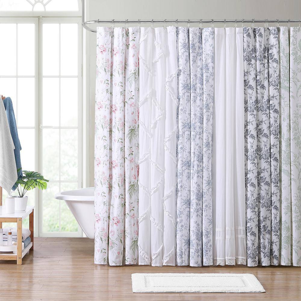 Nora Blue Floral Cotton Shower Curtain with Liner