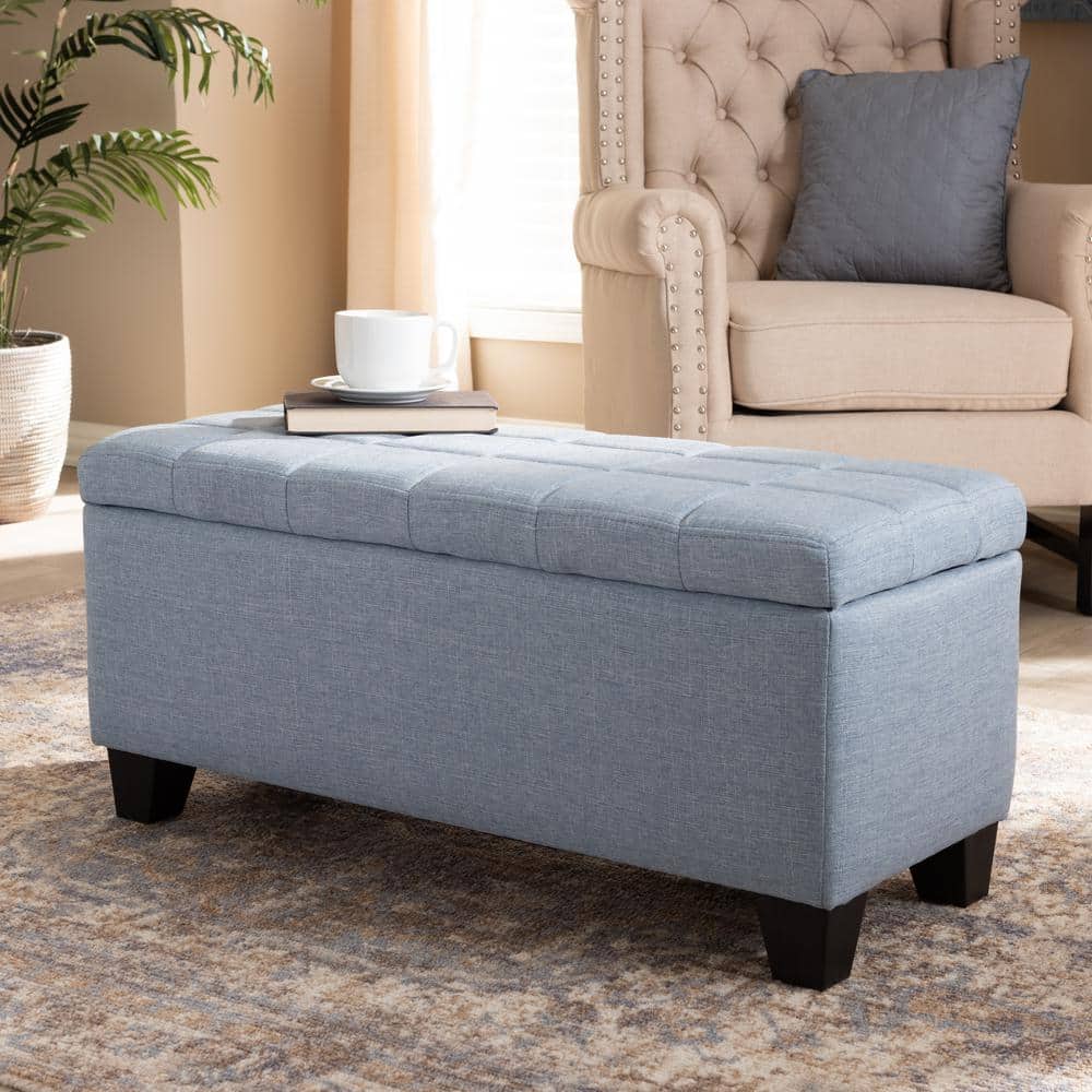 Light Blue Tufted Fabric Storage Ottoman with Black Wood Feet