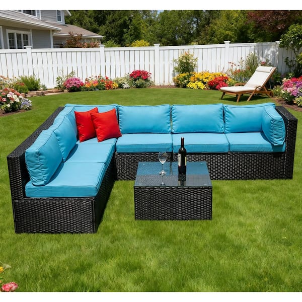 Unbranded 5 Pieces Wicker Outdoor Sectional Set with Glass Top Table, Patio Sofa Set with Blue Cushions