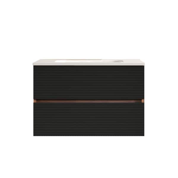 30 in. W Single Sink Wall-Mounted Bath Vanity in Black with White Ceramic Top Unassembled
