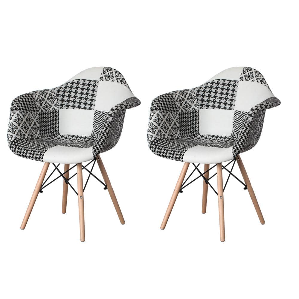 Mid-Century Modern Style Black and White Fabric Lined Armchair with Beech Wooden Legs (Set 2)