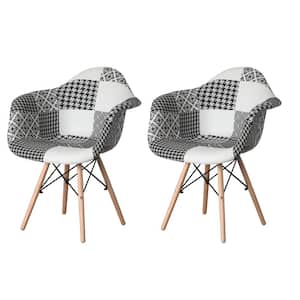Mid-Century Modern Style Black and White Fabric Lined Armchair with Beech Wooden Legs (Set 2)