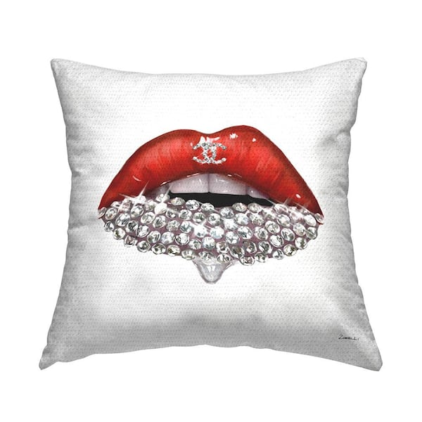 Chic Red Lip Portrait Women's Fashion Sparkle Printed Pillow Red Square Outdoor Throw Pillow