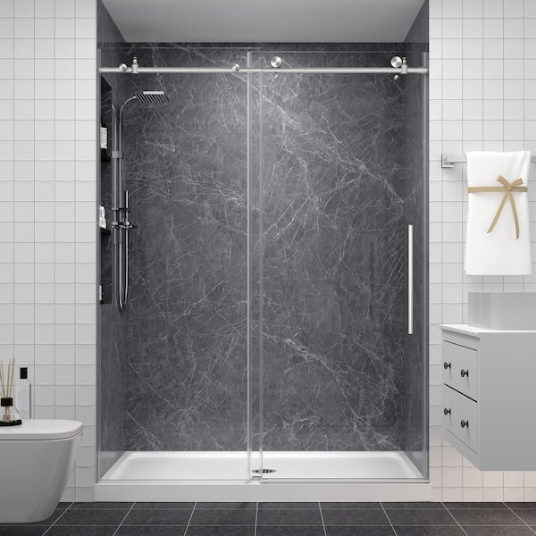 56-60 in. W x 76 in. H Sliding Frameless Shower Door in Brushed Nickel Finish with Clear Glass