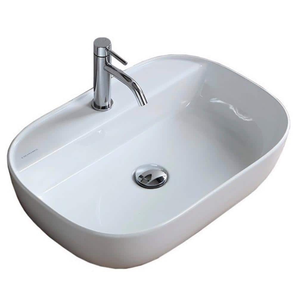 White Ceramic Oval Vessel Bathroom Sink with Overflow