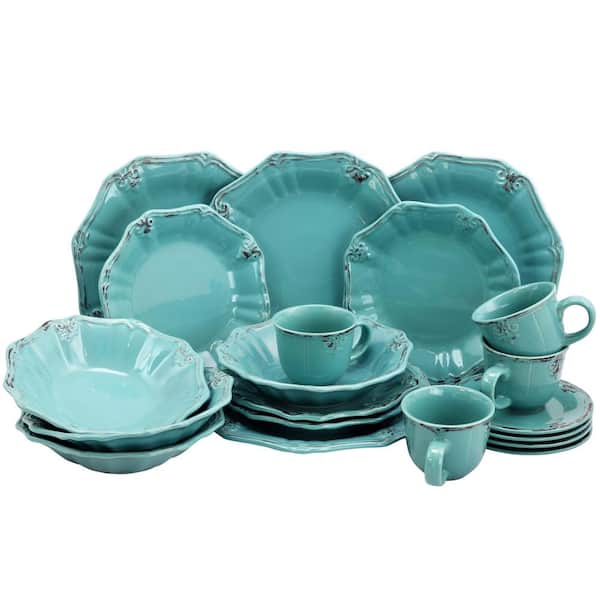 Elama Fleur De Lys 20-Piece Traditional Turquoise Stoneware Dinnerware Set (Service for 4)