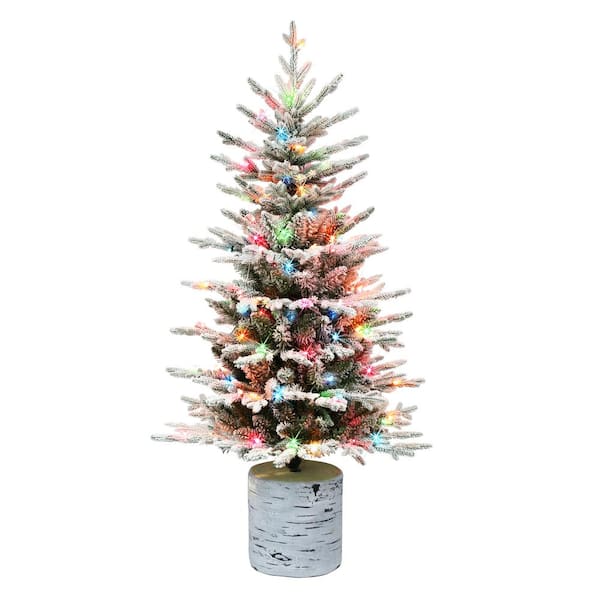 Puleo International 4.5 ft. Potted Flocked Arctic Fir Artificial Christmas Tree, 419 PE/PVC Tips, 70 UL Multi-color Incandescent Lights