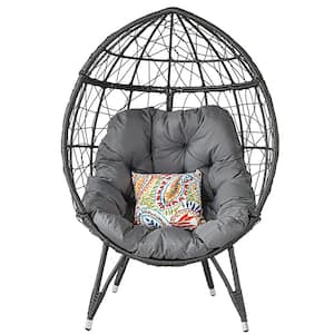 Grey Basket Wicker Patio Egg Chair with Stand and Grey Cushion for Indoor Outdoor