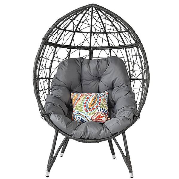 COOLSHARK Grey Basket Wicker Patio Egg Chair with Stand and Grey Cushion for Indoor Outdoor