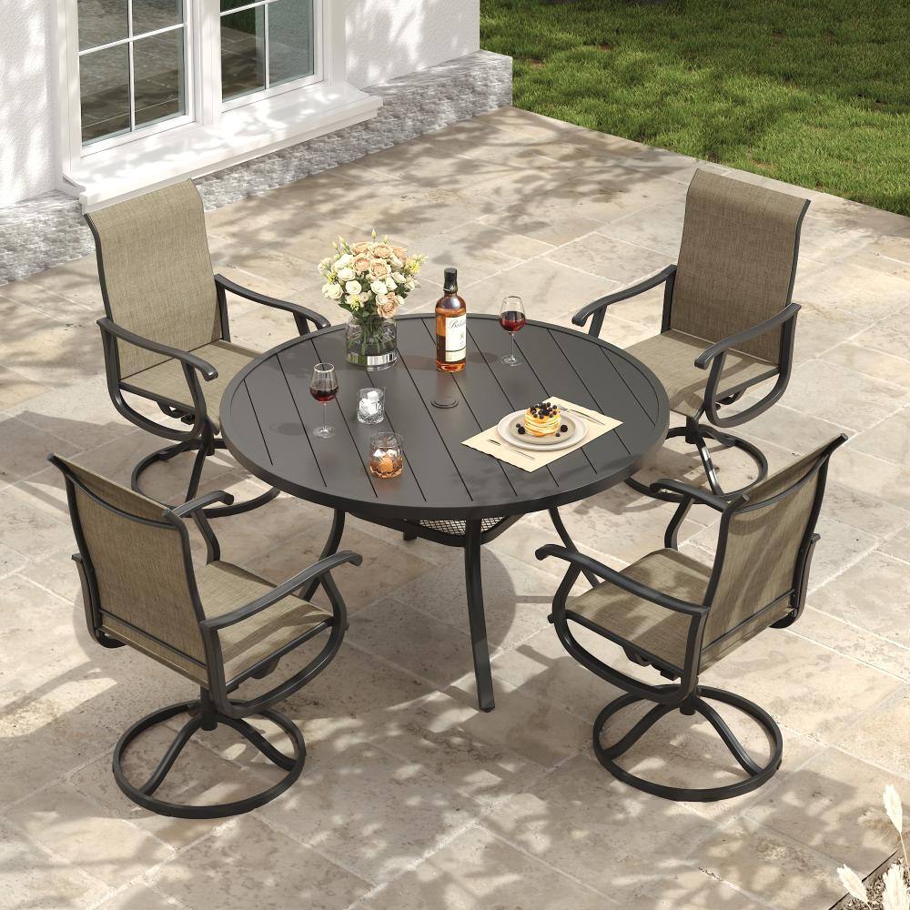 5-Piece Metal Outdoor Patio Dining Set with Round Table and High Back Padded Textilene Swivel Chairs in Brown price history on PriceWatchPro