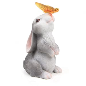 Rabbit with Solar Butterfly Changing Lights Garden Statues, Bunny Statue for Patio, Balcony, Yard, Lawn Ornament