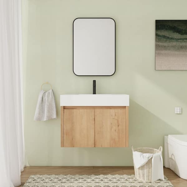 30 in. Wall-Mounted Single Oak Bath Vanity with White Resin Top Unassembled