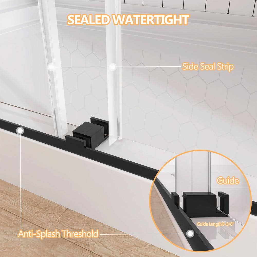 60-Inch Matte Black Frameless Sliding Shower Door with Clear Glass