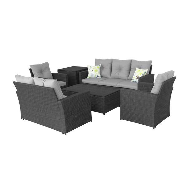 Uixe B12 Black Wicker Outdoor Sectional Set with Gray Cushions