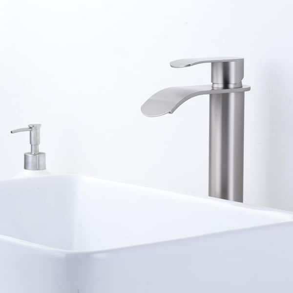 Single Handle Single Hole Tall Waterfall Bathroom Faucet with Pop Up Drain and Supply Lines in Brushed Nickel