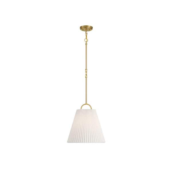 Meridian 15 in. W x 36 in. H 1-Light Natural Brass Scandinavian Pendant Light with White Knife Pleated Shade