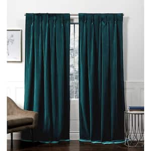 Velvet Teal Polyester Solid 27 in. W x 96 in. L Triple Pinch Pleat Top Light Filtering Curtain (Double Panel)