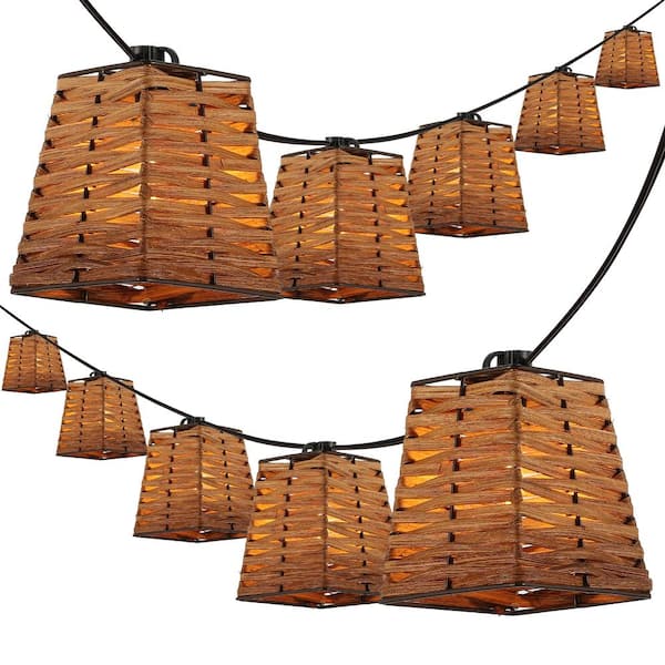 JONATHAN Y Quinn 10-Light 10 ft. Indoor/Outdoor Plug-In Classic Vintage LED G40 Square Bamboo Shaded Lantern String-Light, Brown