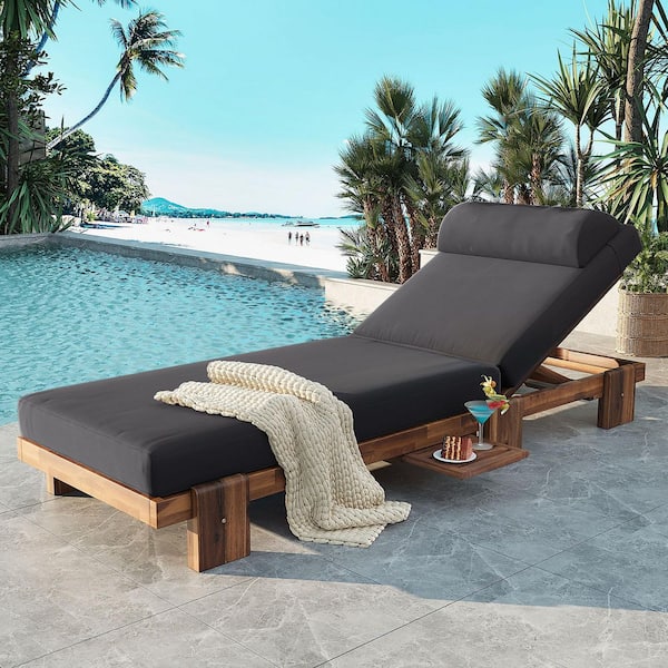 Acacia Wood Outdoor Lounge Chair with Dark Gray Cushions, Adjustable Recliner with Headrest and Retractable Side Tray