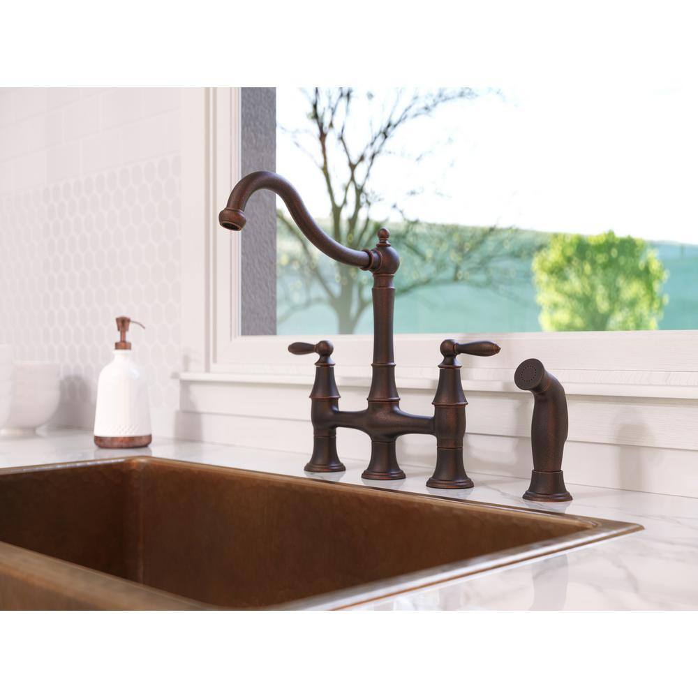 Rustic Bronze Double Handle Bridge Kitchen Faucet with Side Sprayer