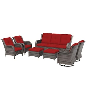 Brown 7-Piece Wicker Outdoor Patio Conversation Set Sectional Sofa with Red Cushions