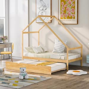 Natural Twin Size House Bed with Trundle, Wood Twin Platform Bed Frame with Roof for Kids, No Box Spring Needed