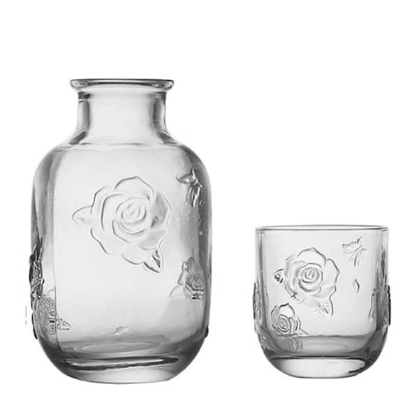 15 oz. Vintage Flower Design Clear Glass Bedside Water Carafe with Drinking Glass for Nightstand and Kitchen
