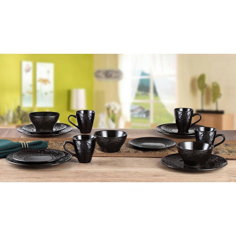 Black Embossed Ceramic 16-Piece Dinnerware Set