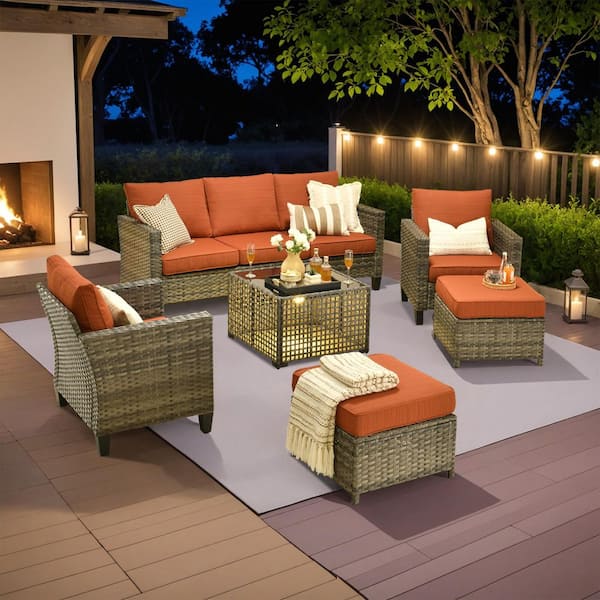 Daphne 6-Piece Modern Wicker Outdoor Patio Conversation Sofa Seating Set with Orange Red Cushions