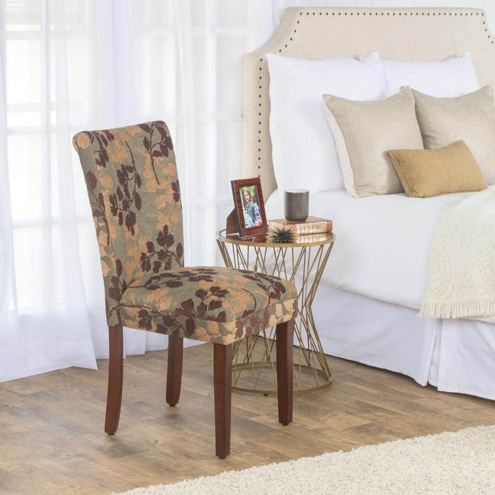 Brown Floral Upholstered Parsons Side Chair with Wood Legs