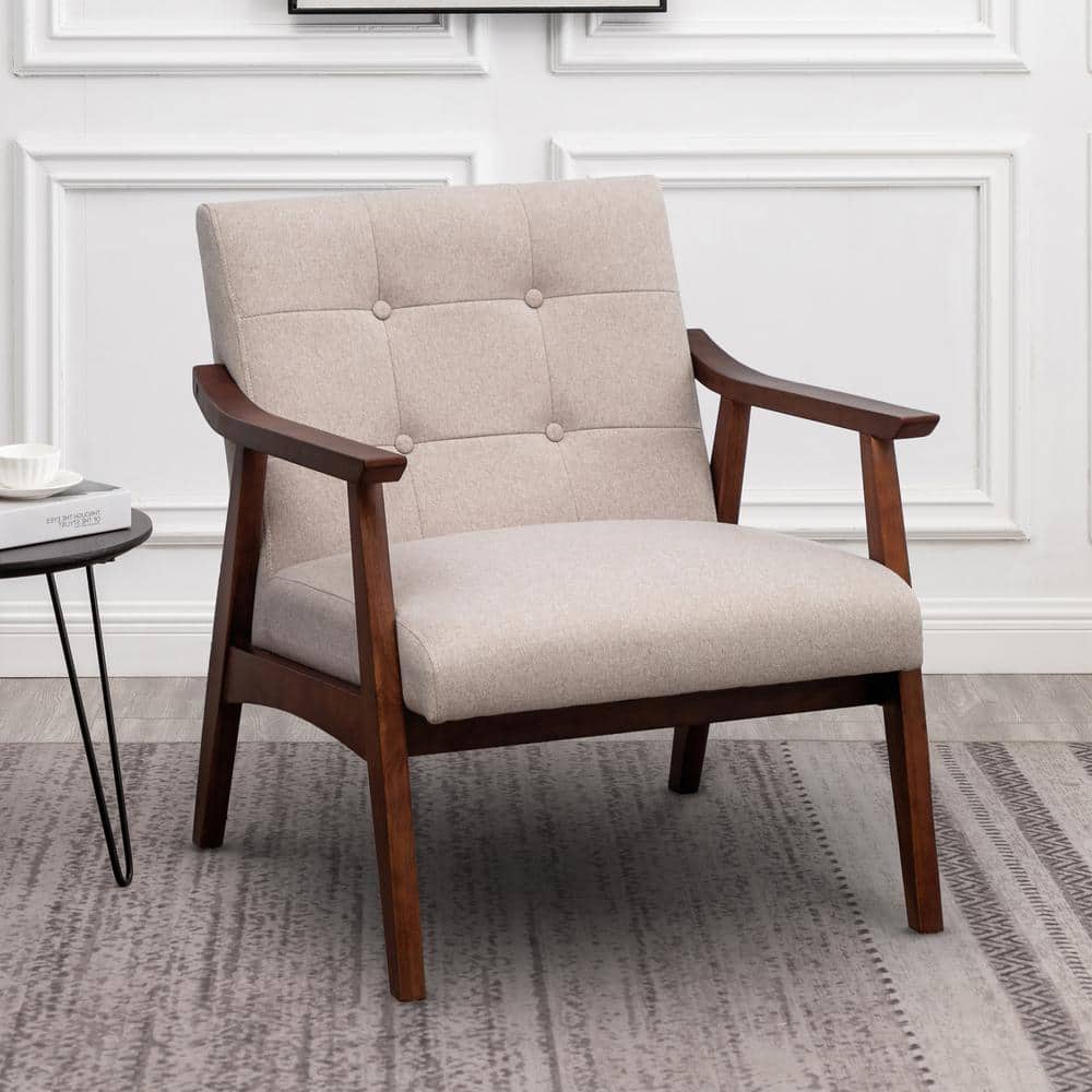 Sandy Beige Fabric Espresso Wood Accent Chair