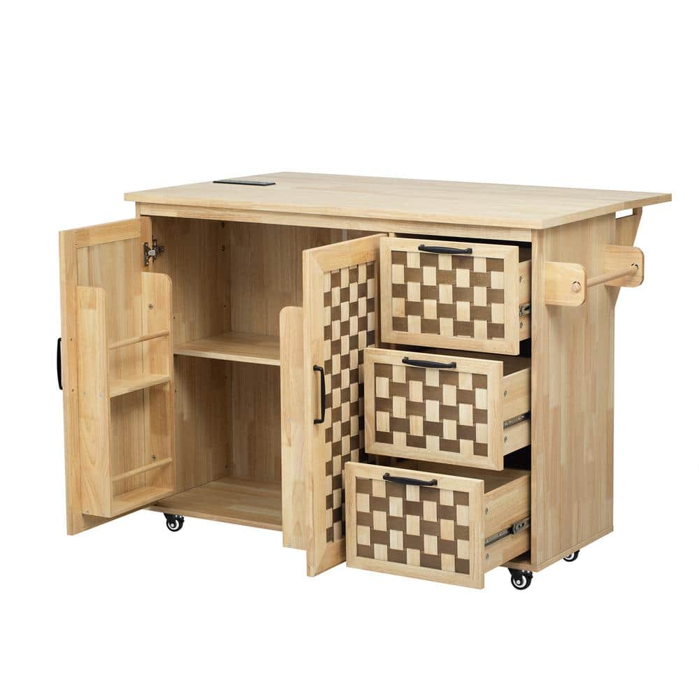 Brown Wood 53.2 in. Kitchen Island with Drop Leaf Woven Checkerboard Patter