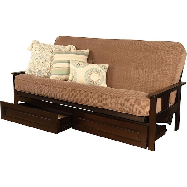79 in. Espresso/Marmont Mocha Polyester Upholstered Full Size Futon Set with Mattress and Storage Drawers