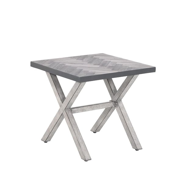 Unbranded Gray 19 in. sq. Aluminum Outdoor Side Table with Resin Tabletop, Patio End Table with X-shaped Legs for Garden Lawn