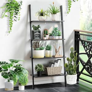 Industrial Ladder Shelf 4-Tier Black Wood Leaning Wall Bookcase Plant Stand Rustic