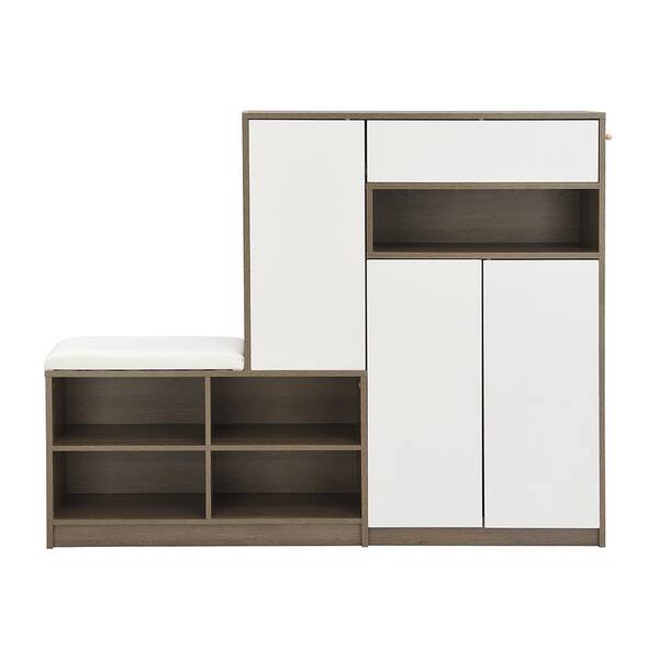 YOFE 43.4 in. H x 55.1 in. W White Particle Board 2-in-1 Shoe Storage Cabinet with Padded Bench and Adjustable Shelves