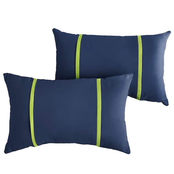 SORRA HOME Sunbrella Navy Blue with Macaw Green Rectangular Outdoor Knife Edge Lumbar Pillows (2-Pack)