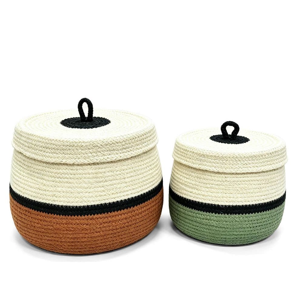 Shatex Lidded Jute Storage Basket Bin , Striped Woven Organizer for Desktop Sundries Cosmetics, 2 Pack
